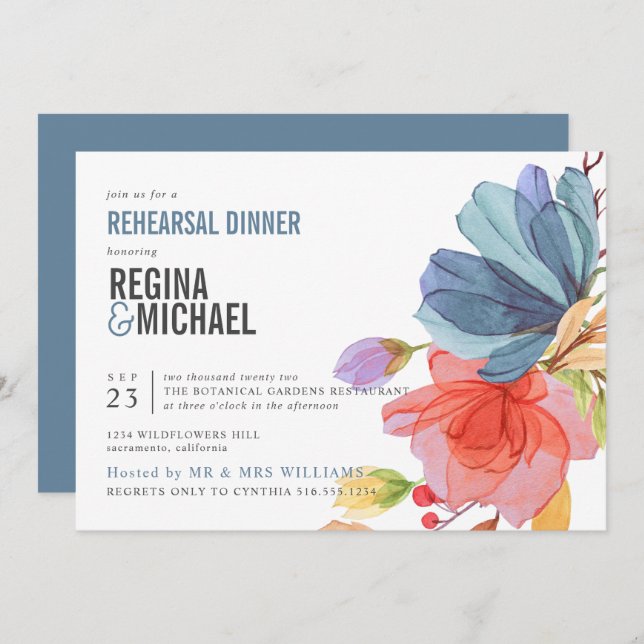 Invitación Flores de agua audaces ensayo azul cena (Anverso / Reverso)