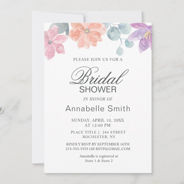 Invitación Flores De Agua Delicadas. Floral Bridal Shower (Anverso)