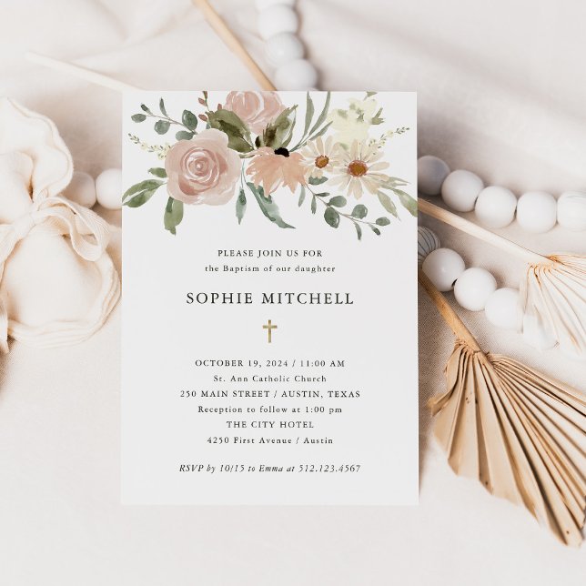 Invitación Flores de agua neutra Boho simples | Bautismo (Subido por el creador)