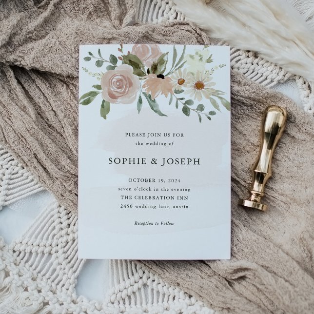 Invitación Flores de agua neutra Boho simples | BODA (Subido por el creador)