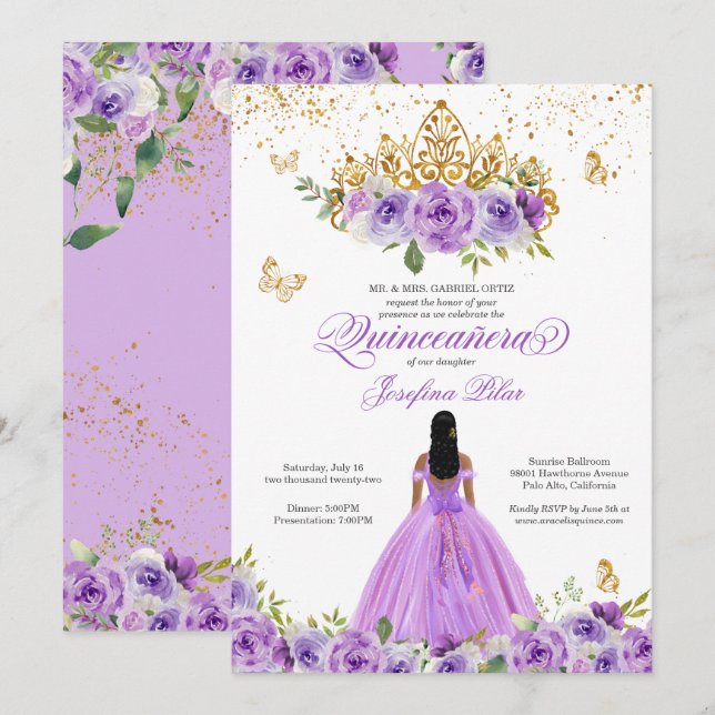 Invitación Flores De Agua Púrpura De Quinceañera De Mariposa  (Anverso / Reverso)