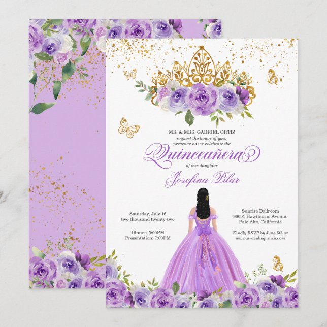 Invitación Flores De Agua Púrpura De Quinceañera De Mariposa  (Anverso / Reverso)