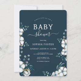 Invitación Flores de algodón azul Navy Baby Shower elegante