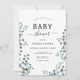 Invitación Flores de algodón azul turbio Baby Shower botánico