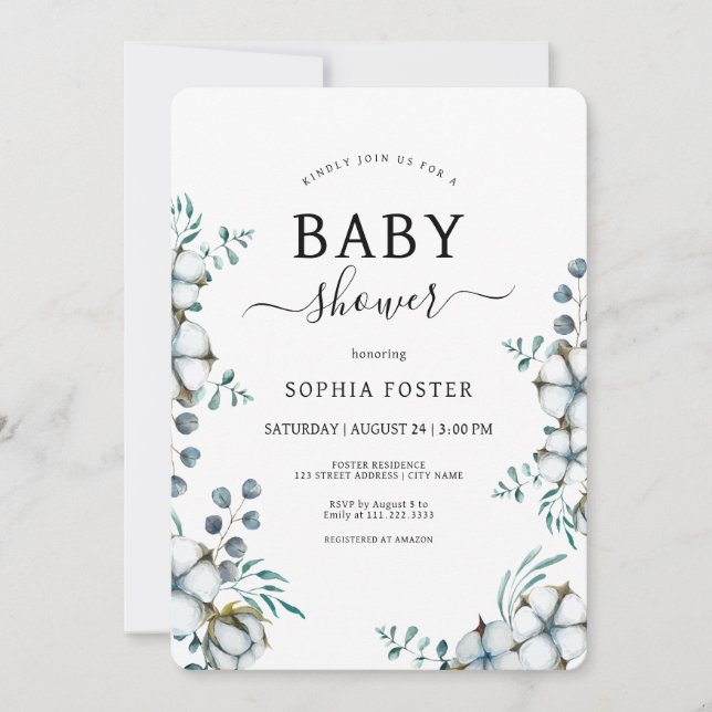 Invitación Flores de algodón azul turbio Baby Shower botánico (Anverso)