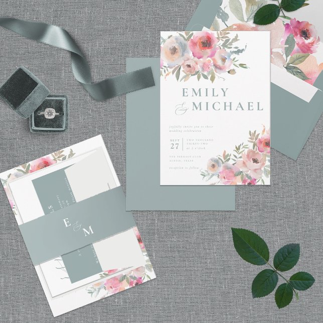 Invitación Flores de algodón románticas Rubor Blue Sage (Subido por el creador)