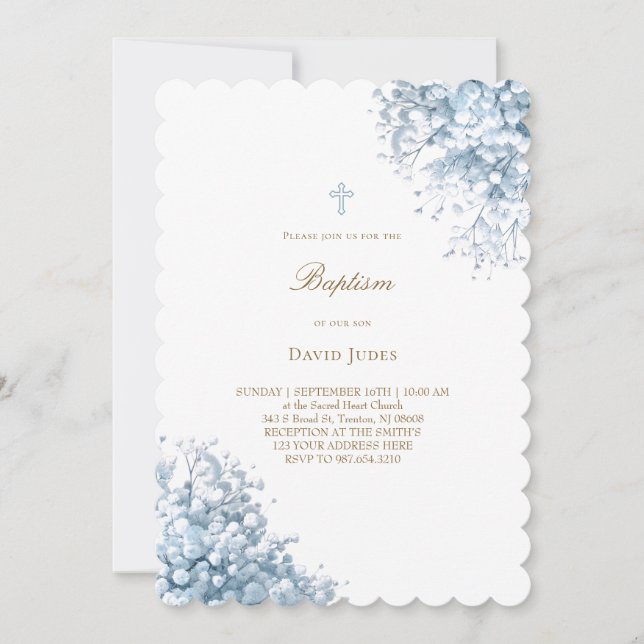 Invitación flores de aliento de bebe azul pastel Bautismo (Anverso)