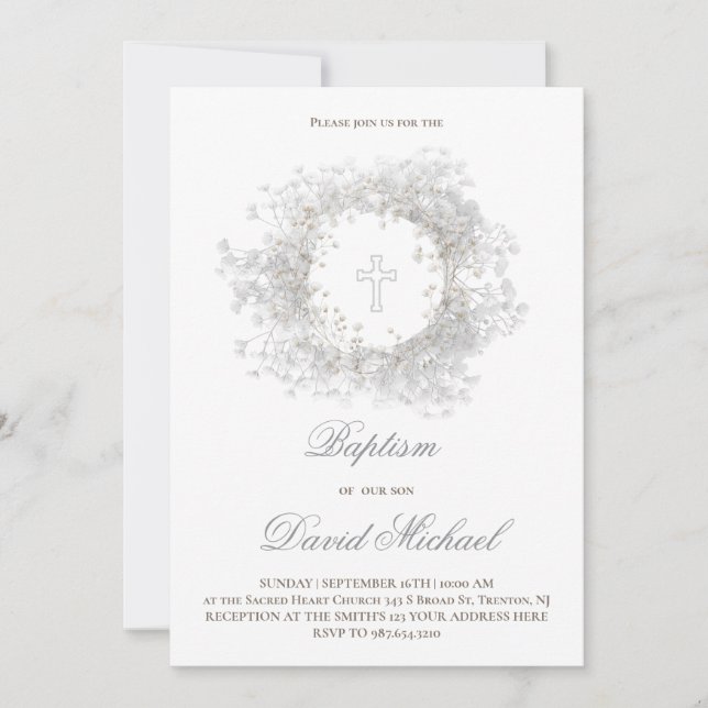 Invitación flores de Aliento de Bebé Bautizo  (Anverso)