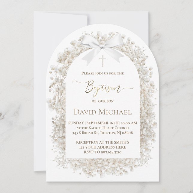 Invitación flores de aliento de bebé blanco Bautismo (Anverso)