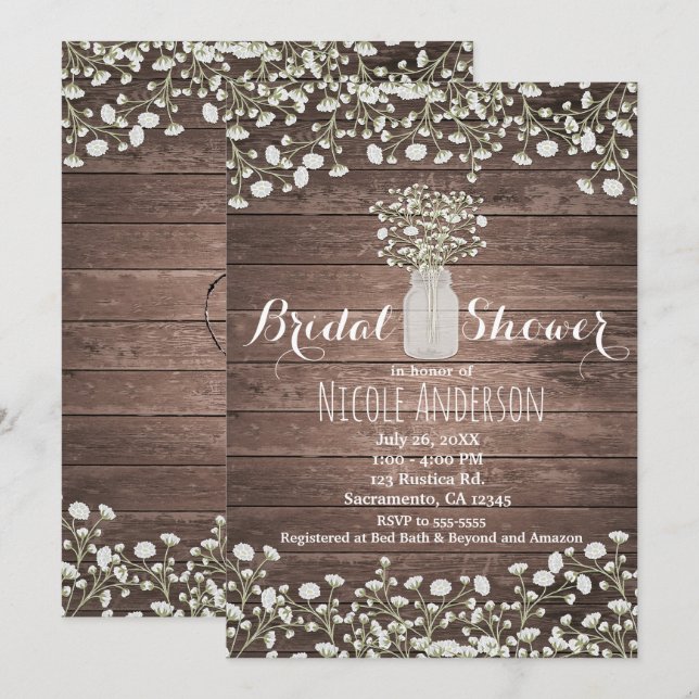 Invitación Flores de Aliento de Bebé Boda Rústica de Madera (Anverso / Reverso)