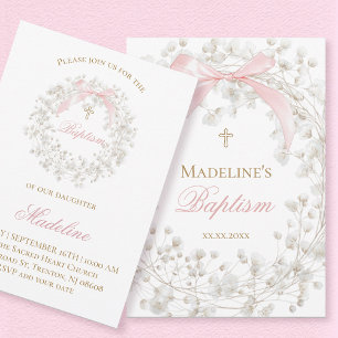 Invitación flores de aliento de bebé lazo rosa Bautizo