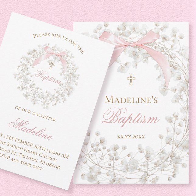 Invitación flores de aliento de bebé lazo rosa Bautizo (Subido por el creador)