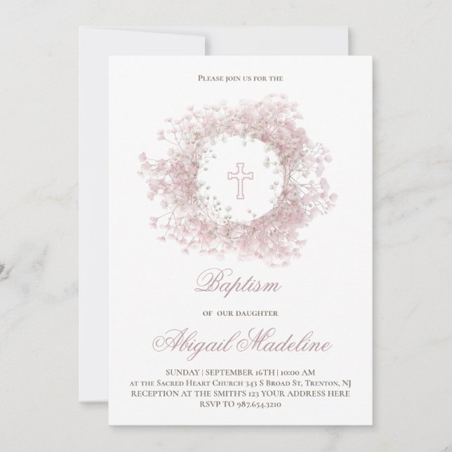 Invitación Flores de aliento de bebé rosa Bautizo  (Anverso)