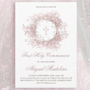 Invitación Flores de aliento de bebé rosa Primera Comunión