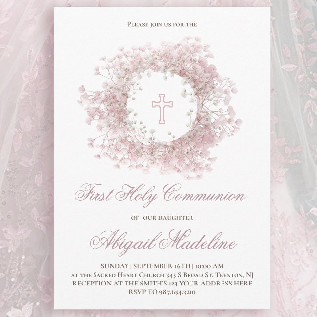 Invitación Flores de aliento de bebé rosa Primera Comunión (Subido por el creador)