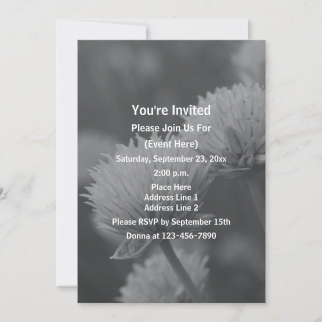Invitación Flores de Allium en negro y blanco para fiesta (Anverso)
