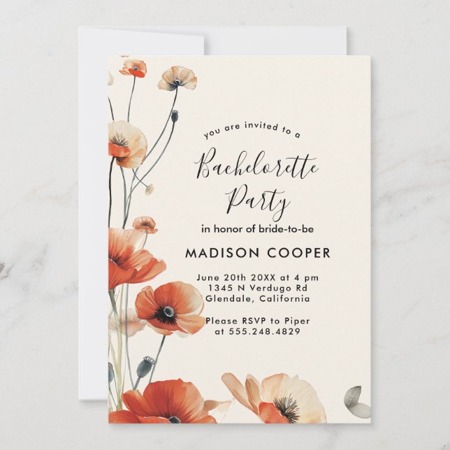 Invitación Flores de amapola Fiesta de Bachelorette (Anverso)