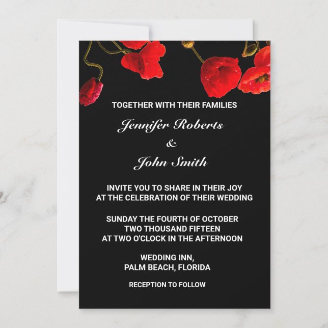 Invitación Flores de amapola Floral Rojo Negro Boda único (Anverso)