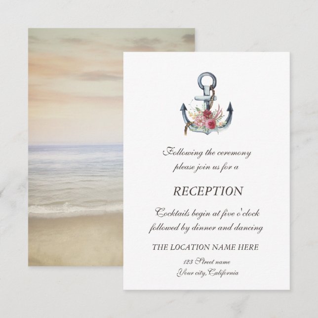 Invitación Flores de Ancla Acuarela Recepción Náutica (Anverso / Reverso)