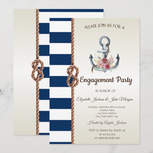Invitación Flores de ancla de acuarela compromiso náutico (Anverso / Reverso)