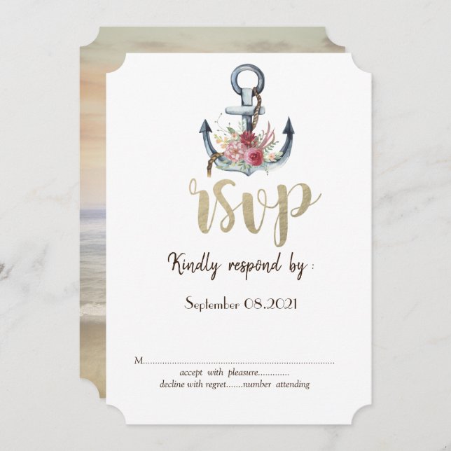 Invitación Flores de ancla de acuarela RSVP náutico (Anverso / Reverso)