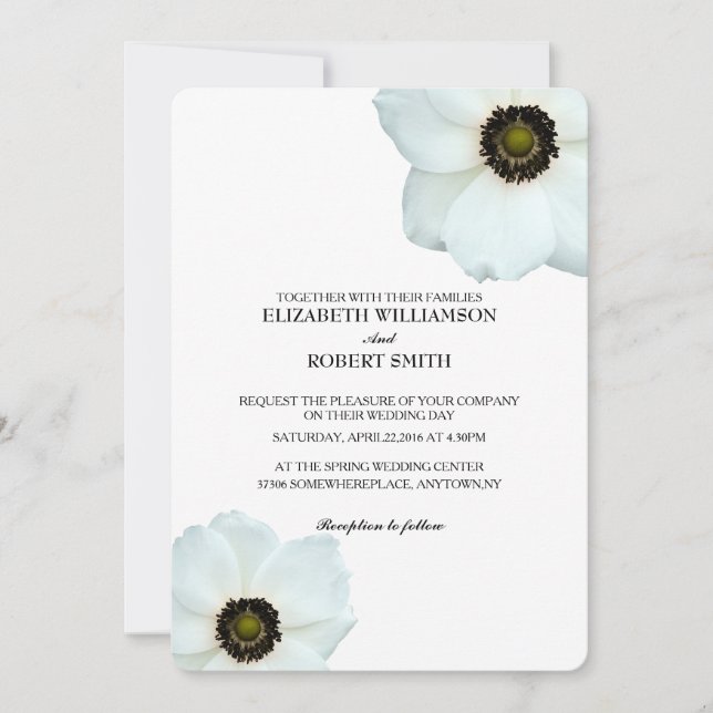 Invitación Flores de anémona blanco negro (Anverso)