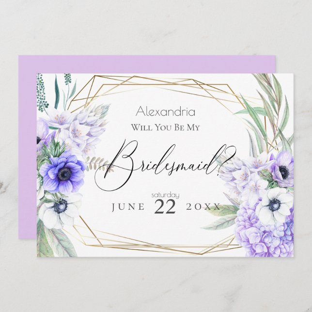 Invitación Flores De Anémona Violeta Serás Mi Novia (Anverso / Reverso)