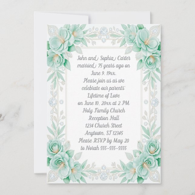 Invitación Flores de Aqua y Diamantes 75 Aniversario (Anverso)