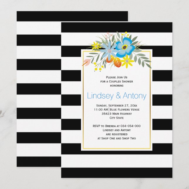 Invitación Flores de Aqua y ducha de rayas bodas (Anverso / Reverso)