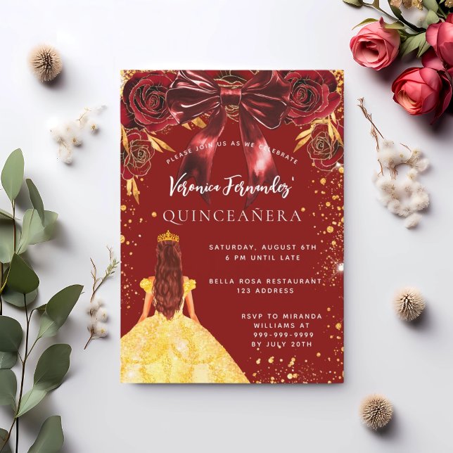 Invitación Flores de arco de vestir de oro rojo Quinceanera (Subido por el creador)