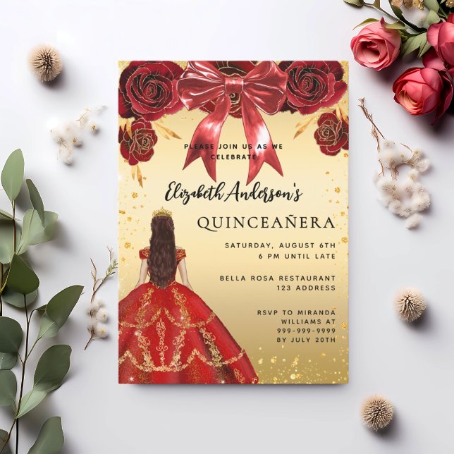 Invitación Flores de arco de vestir de oro rojo Quinceanera (Subido por el creador)
