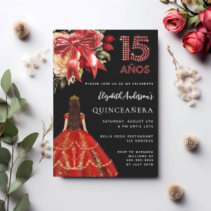 Invitación Flores de arco de vestir rojo negro Quinceanera