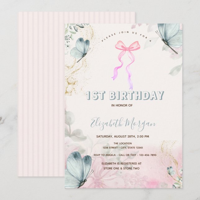 Invitación Flores de Arco Mariposas Azules Cumpleaños Rayados (Anverso / Reverso)