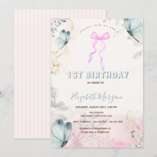Invitación Flores de Arco Mariposas Azules Cumpleaños Rayados