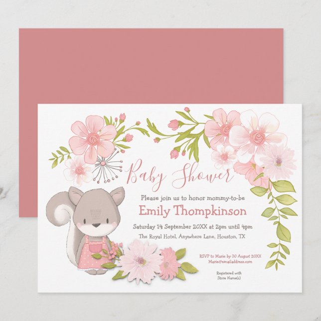 Invitación Flores de ardilla suave dejan Baby Shower de marco (Anverso / Reverso)