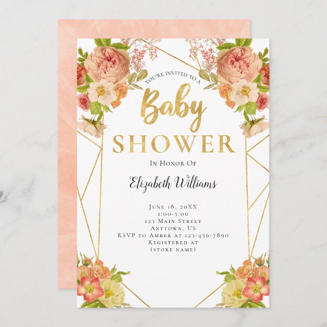 Invitación Flores de armazón geométrico Baby Shower (Anverso / Reverso)