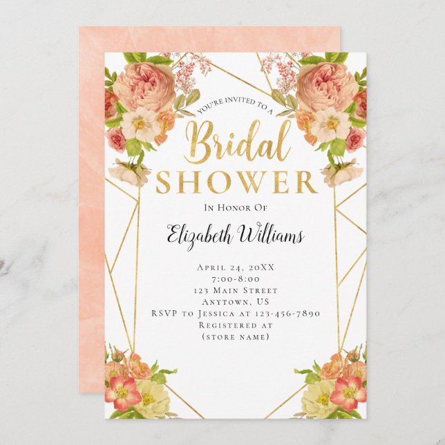 Invitación Flores de armazón geométrico Ducha de novia (Anverso / Reverso)