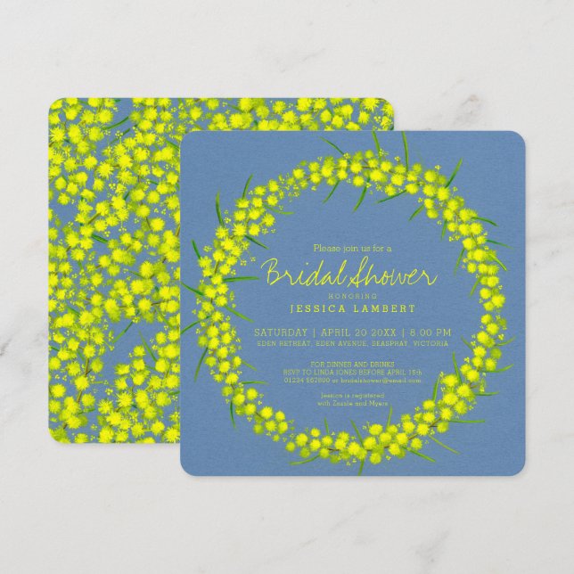 Invitación Flores de arte amarillo de Acacia la ducha de novi (Anverso / Reverso)