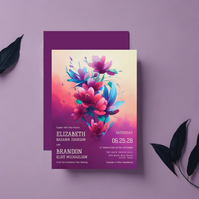 Invitación Flores de arte azul magenta modernas dejan Boda (Subido por el creador)