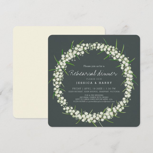 Invitación Flores de arte de acacia ensayo preboda verde (Anverso / Reverso)