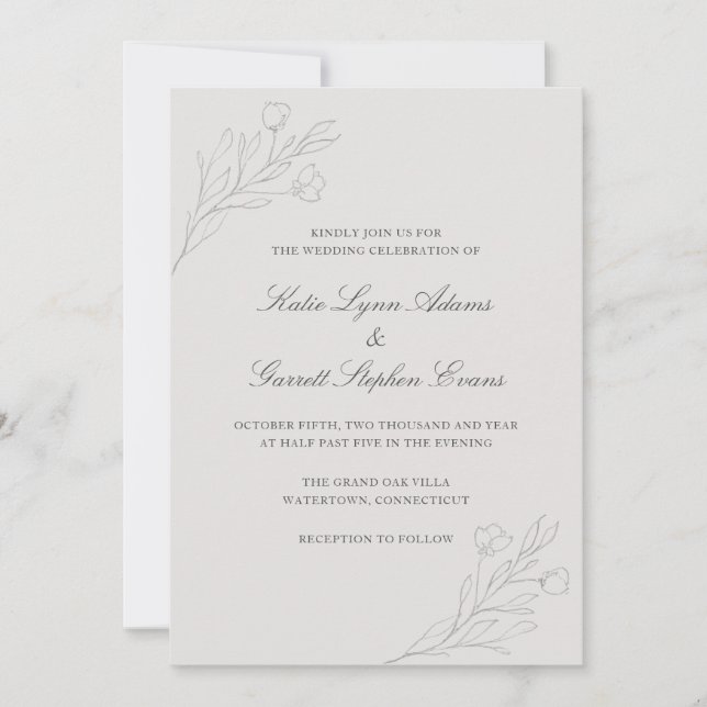 Invitación Flores de arte de líneas grises elegante matrimoni (Anverso)