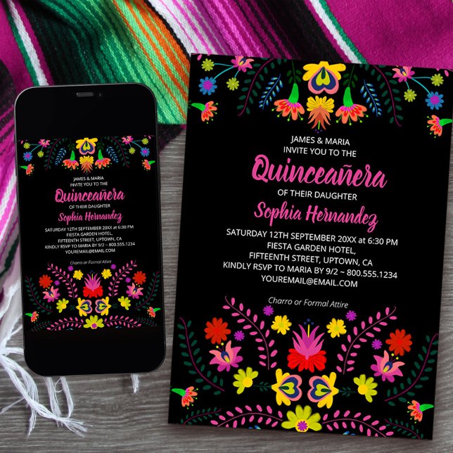 Invitación Flores de arte folclórico Fiesta de Fiesta de Méxi (Quinceanera Invitation from my Mexican Fiesta Party collection
available printed or download)