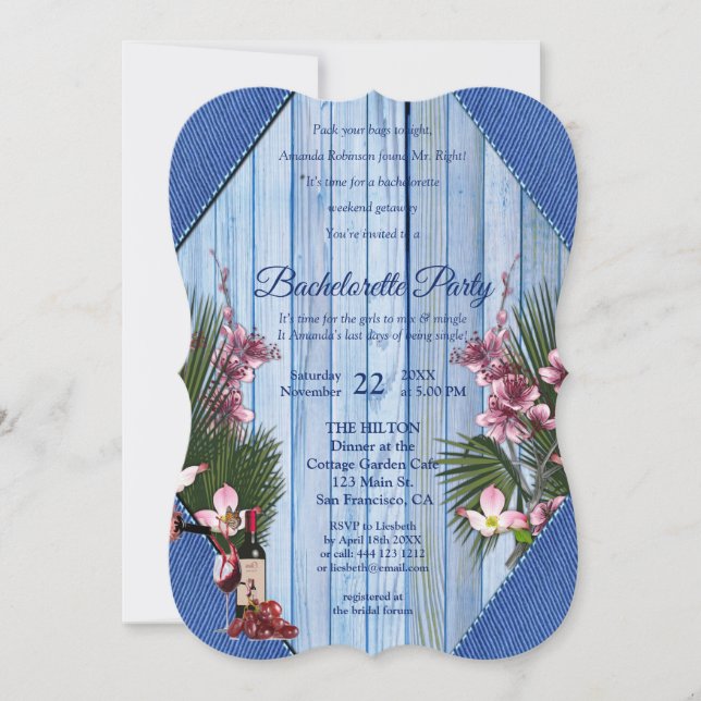 Invitación Flores de arty rosa de madera azul Textura Bachelo (Anverso)