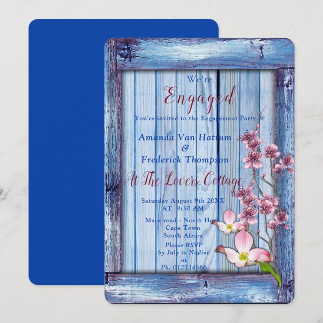 Invitación Flores de arty rosa sobre textura de madera azul (Anverso / Reverso)