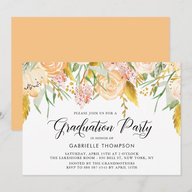 Invitación Flores de arveja y Fiesta de Graduación de Oro (Anverso / Reverso)