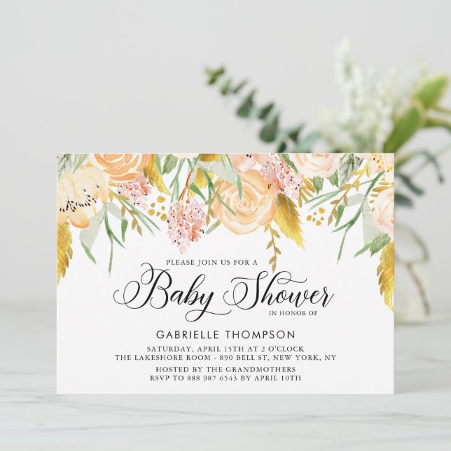 Invitación Flores de arveja y hojas de oro Baby Shower (Anverso de pie)