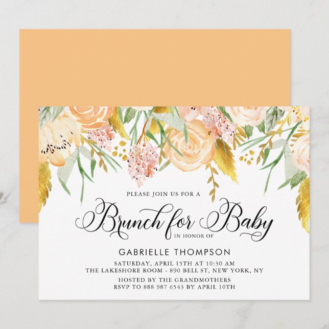 Invitación Flores de arveja y oro deja brunch Baby Shower (Anverso / Reverso)