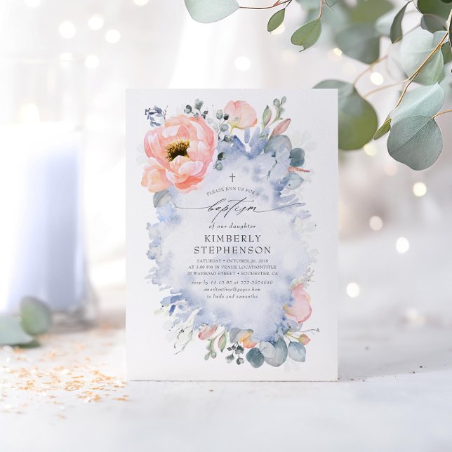 Invitación Flores de arveja y vegetación abrupto bautismo azu (Dusty Blue and Blush Baptism Invitations)