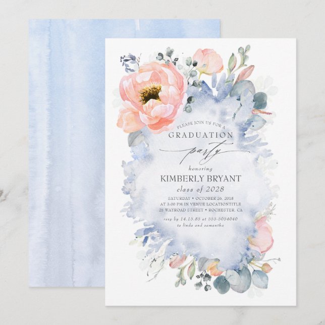 Invitación Flores de arveja y vegetación, graduación azul tur (Anverso / Reverso)