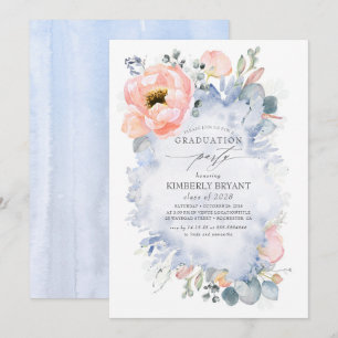 Invitación Flores de arveja y vegetación, graduación azul tur